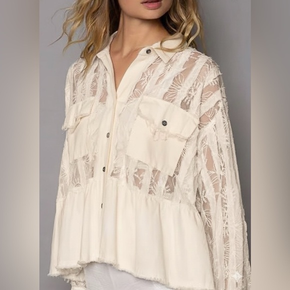 POL Cream Striped and Floral Embroidered Button Up Shacket - Picture 2 of 4